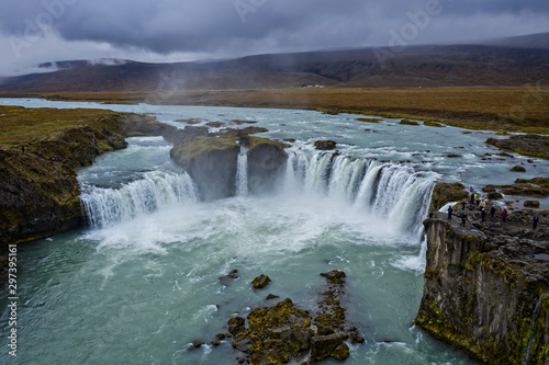 Godafoss  One of the most famous waterfalls in Iceland. Aerial drone shot in september 2019
