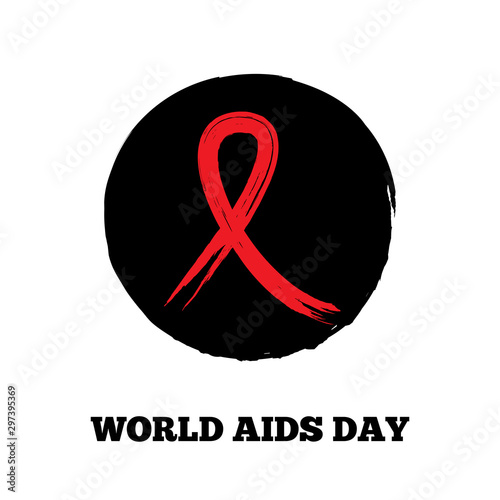 Poster with red ribbon and text World AIDS Day. Watercolor, paint, sketch, ink. Vector illustration.