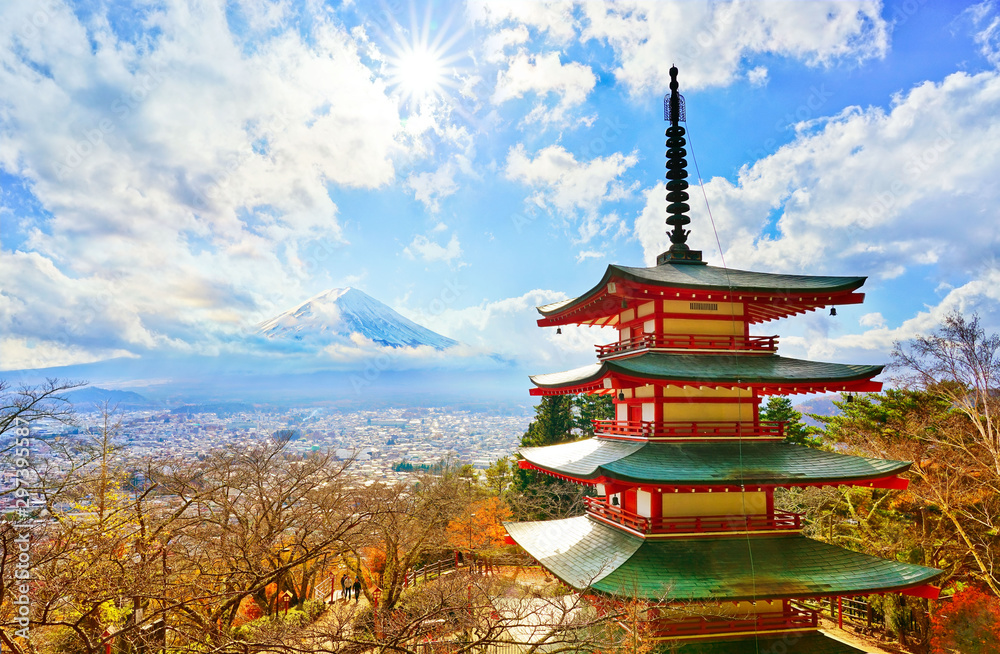 View of the Japanese temple in autumn with Mount Fuji in the background in Japan.