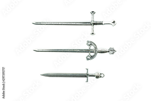 Medieval sword / knightly arming sword, straight blade, double-edged weapon, single-handed, cruciform (cross-shaped) hilt. Single-hand sword is retained as common sidearm. Isolated on white background