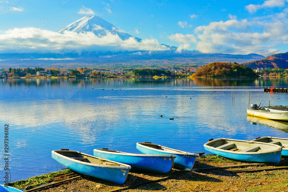 View of the Lake Kawaguchi in autumn with Mount Fuji in the background in Japan.