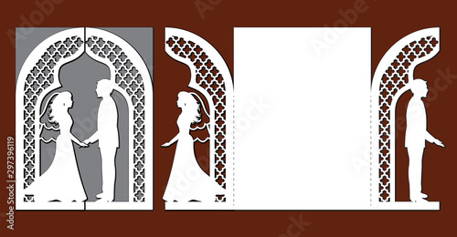 Laser cut template of wedding invitation card with bride and groom. Gate fold with openwork vector silhouette. Envelope for greeting postcard with lace arch. Panel with decorative ogee design pattern.