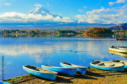 View of the Lake Kawaguchi in autumn with Mount Fuji in the background in Japan.