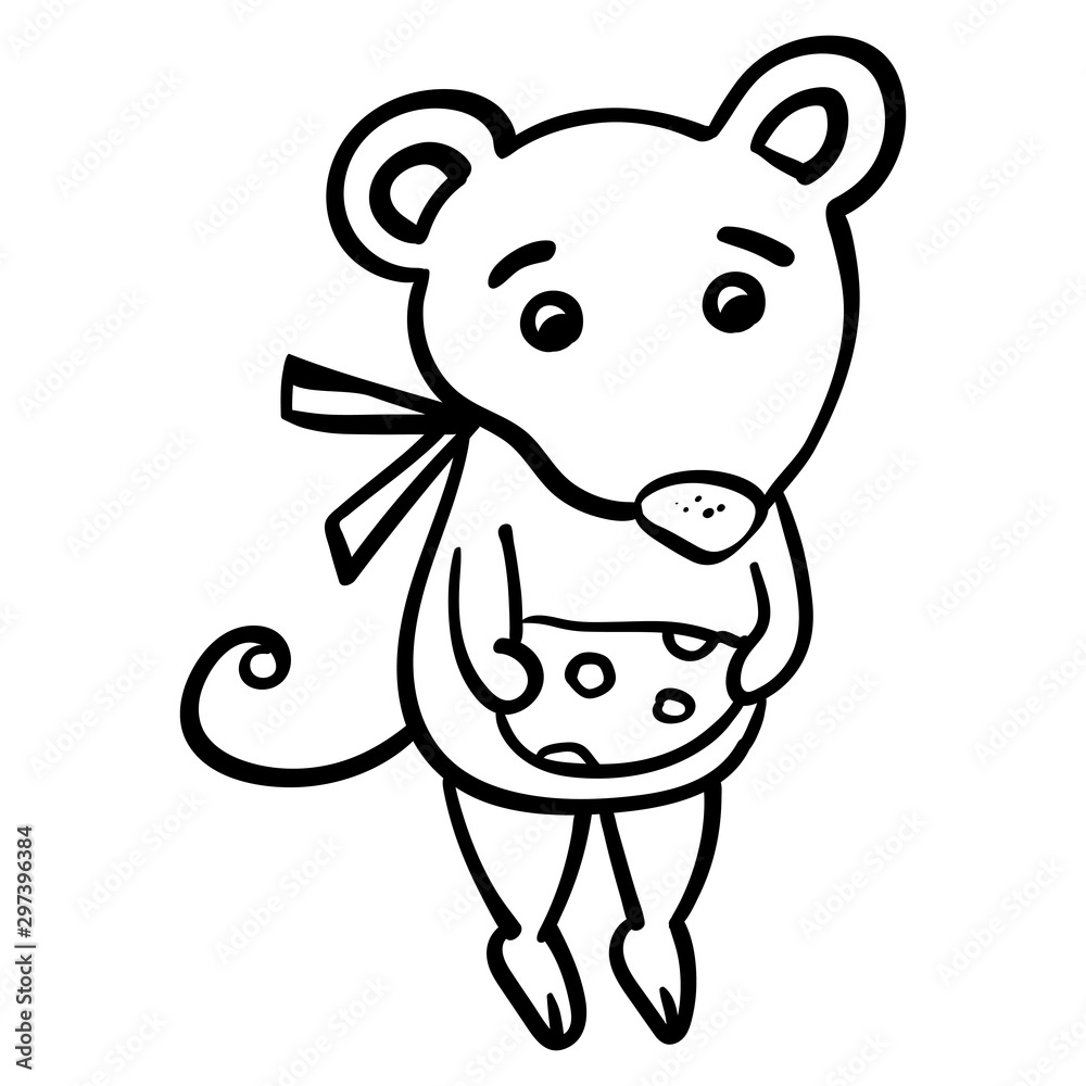 A mouse or rat holds cheese in its paws. Winter holiday illustration 2020. Coloring page, Coloring book. Contour. A mouse or rat holds cheese in its paws. Winter holiday illustration 2020. Coloring page, Coloring book. Contour.