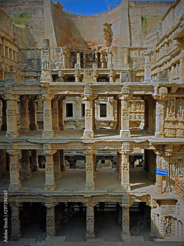 Some of the 800 sculptures at the 11th century Queens Stepwell, or Rani-ki-Vav, at Pathan in Gujarat, India. Designed as an inverted temple it has 7 levels leading down to a well, 30 metres  deep photo