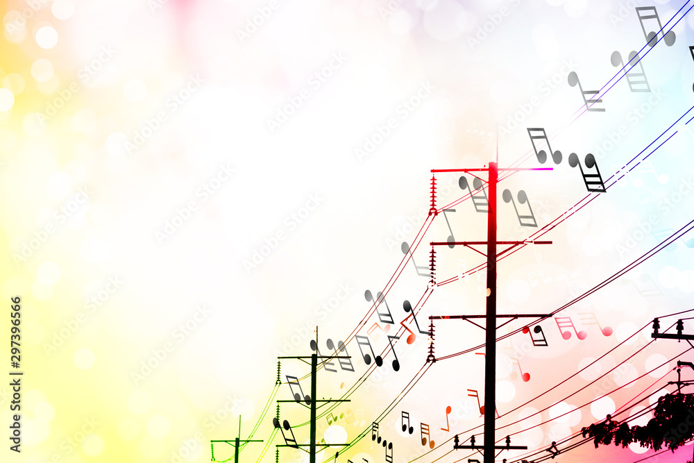 music notes on electric light cable with light colorful blurred background, the sound of music is everywhere concept