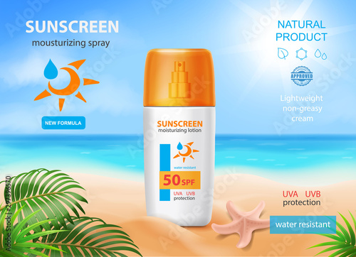 Sunscreen spray ads on summer beach 3d illustration. Solar care cosmetic bottle realistic advertising