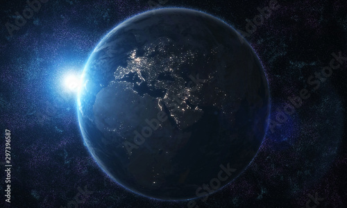View of blue planet Earth in space with her atmosphere Europe continent 3D rendering. - İllüstrasyon 