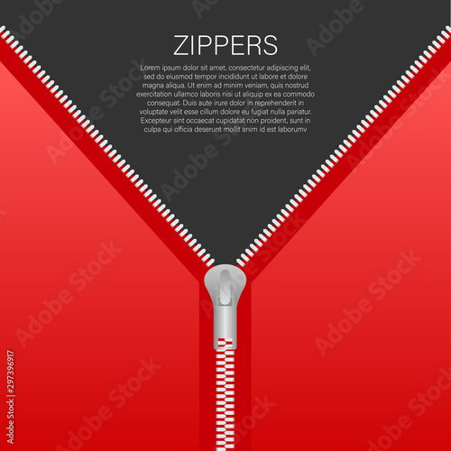 Sewing accessory zipper. Metallic open zippers and pullers. Stock vector illustration.