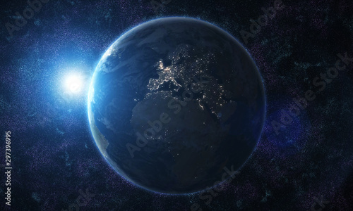 View of blue planet Earth in space with her atmosphere Europe continent 3D rendering. -   ll  strasyon 