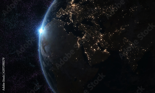 World and sun realistic 3D rendering. Shiny sunlight over Planet Earth, cosmos, atmosphere. Shot from Space satellite - İllüstrasyon 