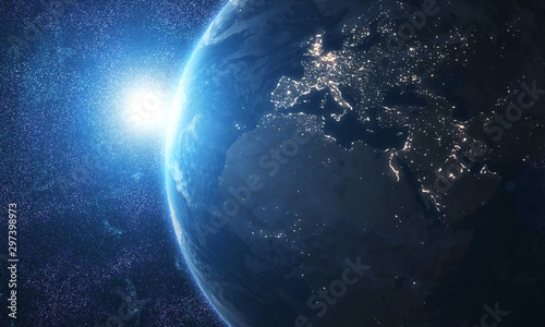 Fototapeta Naklejka Na Ścianę i Meble -  World and sun realistic 3D rendering. Shiny sunlight over Planet Earth, cosmos, atmosphere. Shot from Space satellite - İllüstrasyon 