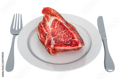 Raw pork on plate with fork and knife, 3D rendering