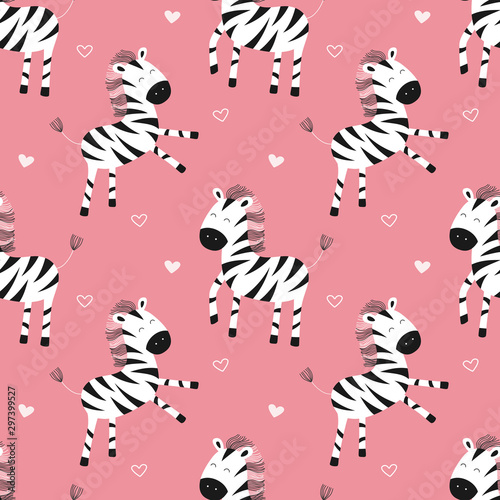 Cute zebras  cartoon vector seamless pattern for children. Print for textile  fabric  wallpaper  paper.