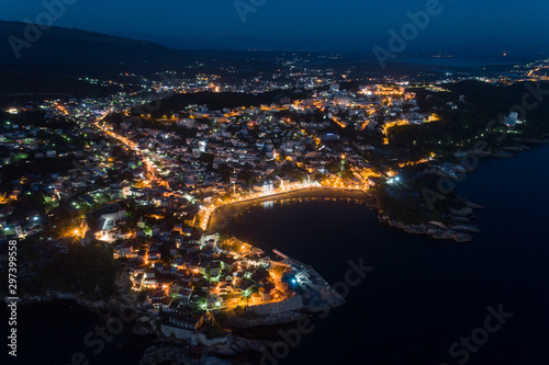 Aerial view of the old city of Ulcinj at night - the southernmost city of the Montenegro. © bigguns