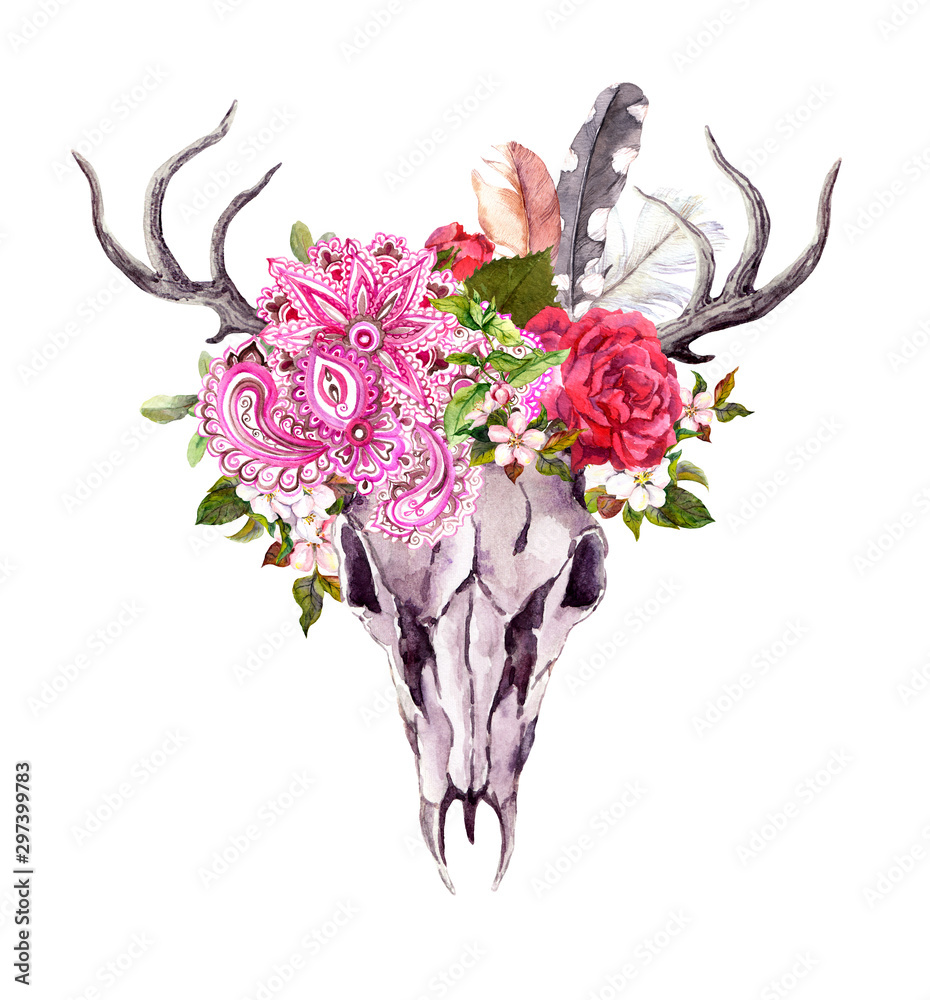 Obraz Deer animal skull - flowers, feathers, tribal ornament. Watercolor