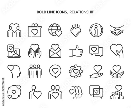 Relationship bold line icon set. The set is about love, heart, friendship, valentine, partnership, vector, editable stroke, line, outline.