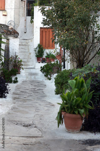 Narrow streets of Anafiotika. Anafiotika - a small area of Athens, located on the north-eastern slope of the Acropolis  part of Plaka. © Nadiia