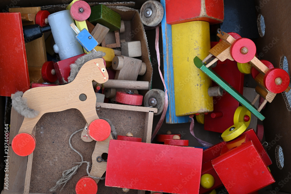 Fototapeta premium Wooden toy train and horse retro objects