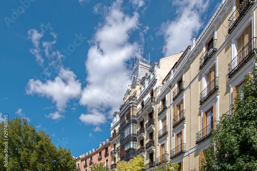 Facades of buildings in the center of Madrid seen at an angle