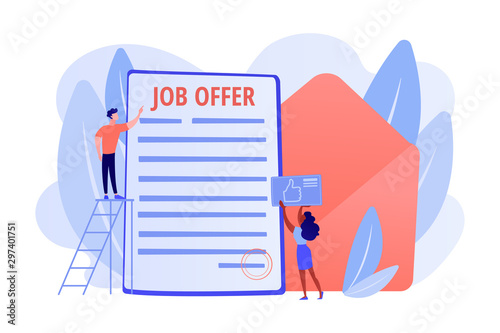 Successful business deal. Employee hiring, recruiting service. Job offer letter, international volunteer program, permanent contract concept. Pink coral blue vector isolated illustration