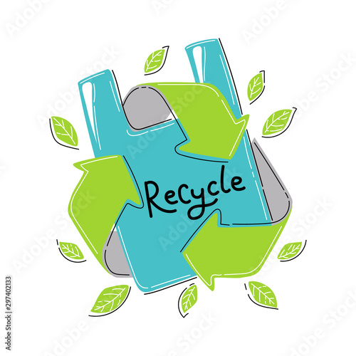 Recycling label with package and recycle sign, on white background. Ecology design concept. Vector illustration
