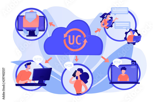 Communication integration. Collaboration service. Unified communication, unified communications platform, consistent unified user interface concept. Pink coral blue vector isolated illustration