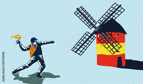 A catalonian protester throws a Molotov cocktail towards windmills as a Quijote novel. Catalonia riots against spanish government b.