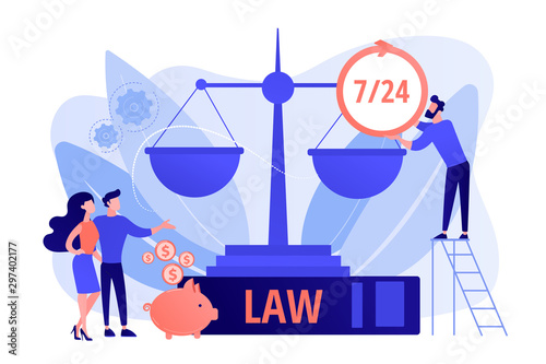 Attorney company, legal consulting and support. Notary clients. Legal services, lawyer referral service, get professional legal help concept. Pink coral blue vector isolated illustration