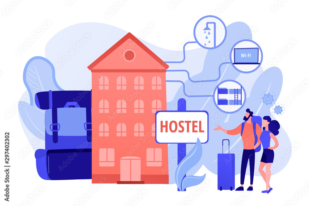 Cheap inn, affordable guesthouse. College dormitory, motel check in. Hostel services, lower priced accommodation, best hostel facilities concept. Pink coral blue vector isolated illustration Cheap inn, affordable guesthouse. College dormitory, motel check in. Hostel services, lower priced accommodation, best hostel facilities concept. Pink coral blue vector isolated illustration