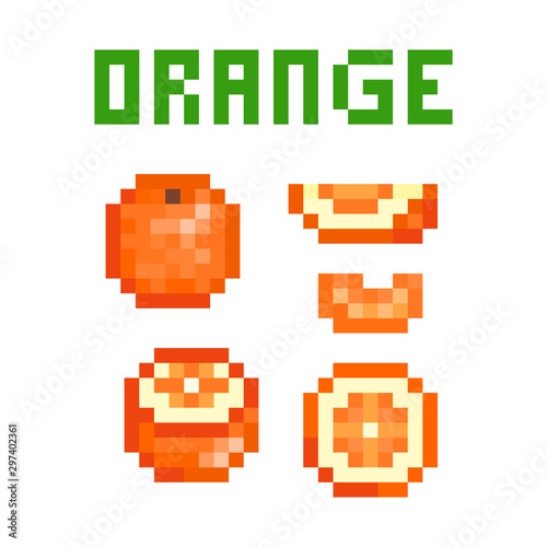 Set of pixel art oranges (uncut, cut in half, sliced) isolated on white background. Collection of 8 bit citrus fruit icons. Old school vintage retro 80s, 90s slot machine/video game graphics.