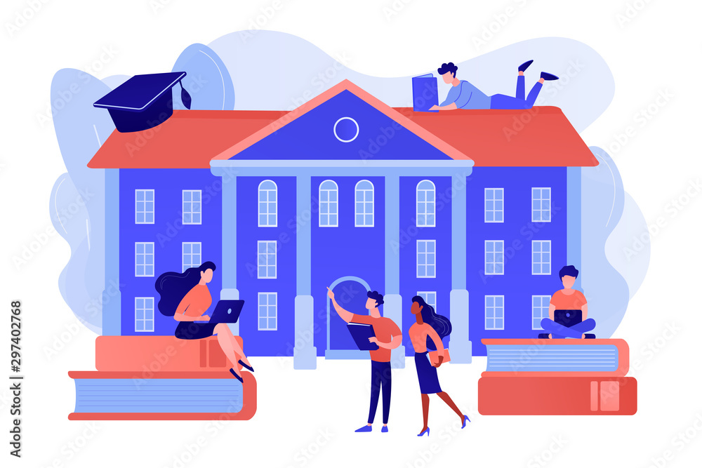 Students interacting with each other, making friends at university. College campus tours, university campus events, on-campus learning concept. Pinkish coral bluevector isolated illustration