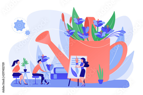 Plant nursery, floristry courses, housekeeping lesson. Garden workshop, gardening training programs, organic gardening experts here concept. Pinkish coral bluevector isolated illustration