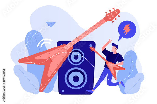 Guitarist playing the electric guitar at concert, tiny people. Rock music style, rock and roll party, rock music festival concept. Pinkish coral bluevector isolated illustration