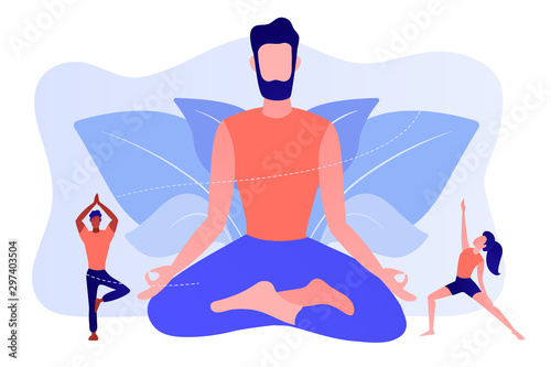 Teacher meditating in lotus pose and tiny people learning to do yoga exercises. Yoga school, open yoga studio, learn more about practice concept. Pinkish coral bluevector isolated illustration