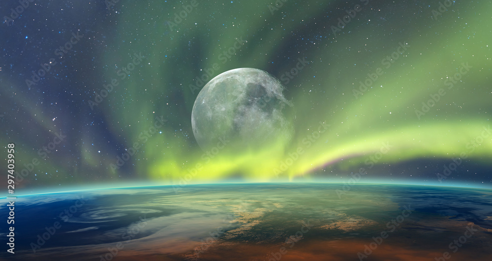 Northern lights aurora borealis over planet Earth with full moon Elements  of this image furnished by NASA Stock Photo