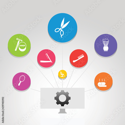 Barber Shop Infographics vector design. Timeline concept include scissors, straight razor, foam brush icons. Can be used for report, presentation, diagram, web design