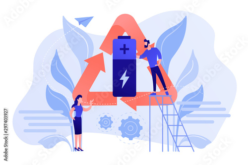 Businessman and woman using eco battery in recycle symbol. Eco battery, environmentally friendly battery, innovative eco-design concept. Pinkish coral bluevector isolated illustration