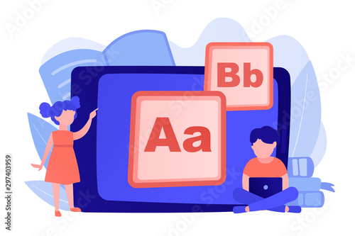 Children at tablet and with laptop using kids friendly alphabet application. Kids digital content, kids friendly media, children apps concept. Pinkish coral bluevector isolated illustration