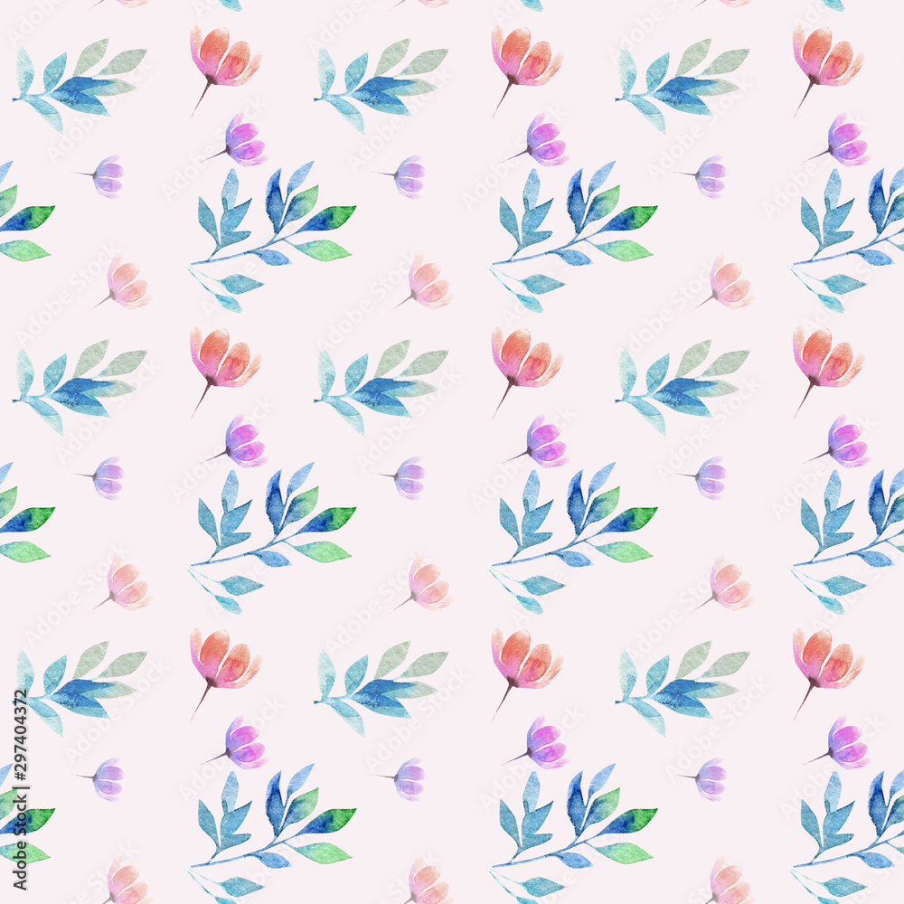 Trendy seamless pattern with different watercolor floral elements on light pink background.