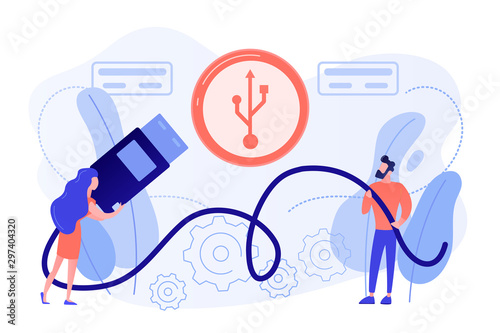 Businessman and woman choosing port to insert cable and USB symbol. USB connection, USB port standard, digital data communications concept. Pinkish coral bluevector isolated illustration