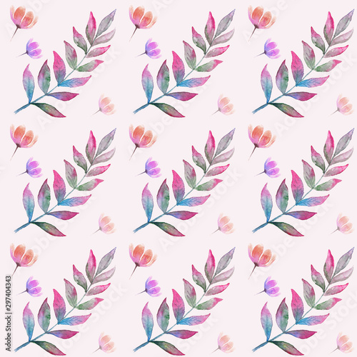 Trendy seamless pattern with watercolor floral elements on pink background