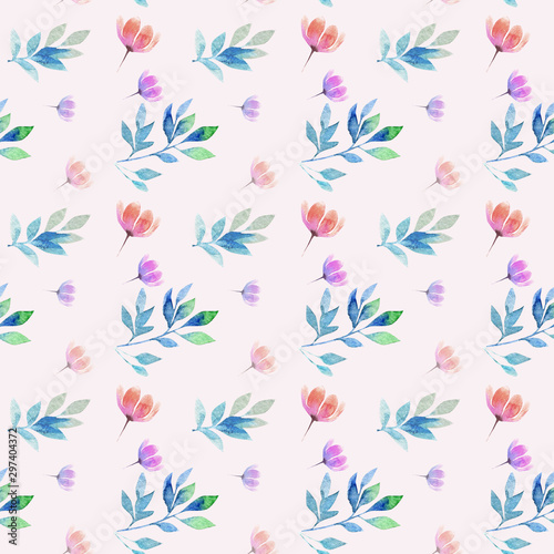 Trendy seamless pattern with different watercolor floral elements on light pink background.