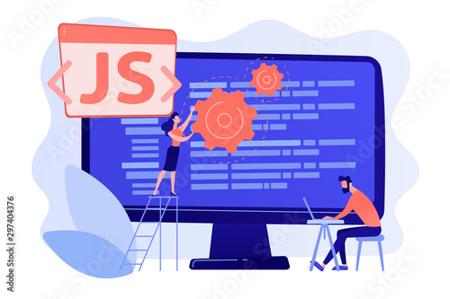 Programmers using JavaScript programming language on computer, tiny people. JavaScript language, JavaScript engine, JS web development concept. Pinkish coral bluevector isolated illustration photo