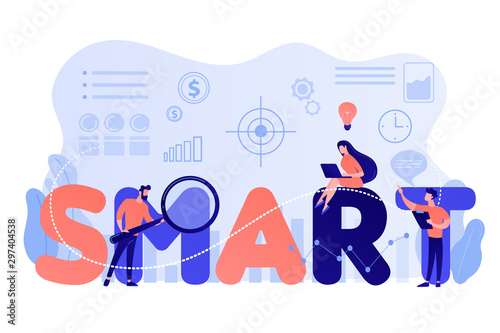 Tiny business people working on goals and sitting on smart word. SMART Objectives, objective establishment, measurable goals development concept. Pinkish coral bluevector isolated illustration