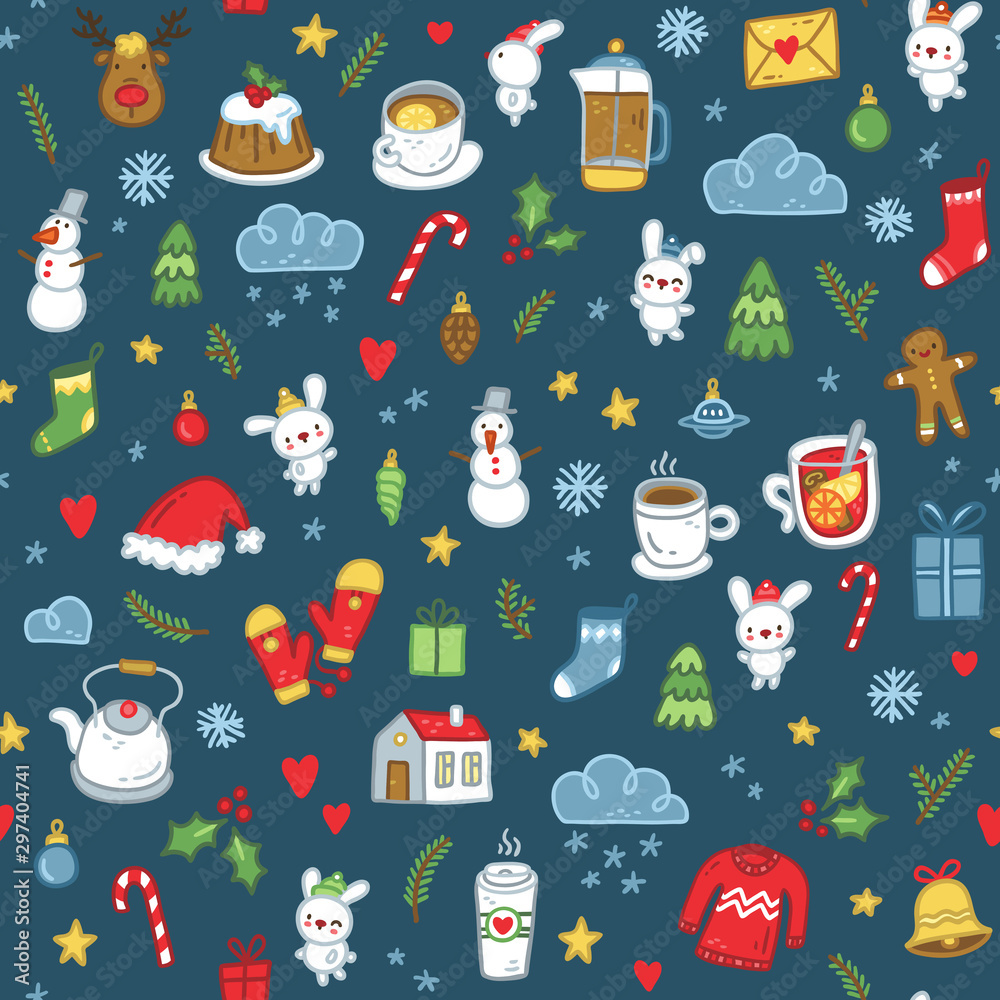 Winter and Christmas themed seamless pattern with cute doodles Winter and Christmas themed seamless pattern with cute doodles
