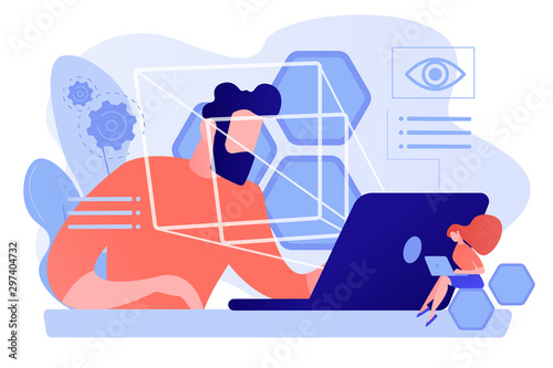 Businessman and technology measuring eye position and movement, tiny people. Eye tracking technology, gaze tracking, eye position sensor concept. Pinkish coral bluevector isolated illustration photo