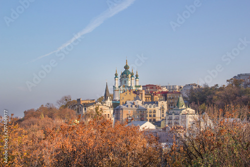 Fototapeta Naklejka Na Ścianę i Meble -  Beautiful view of St. Andrew's Church and St. Andrew's Descent in Kyiv, Ukraine