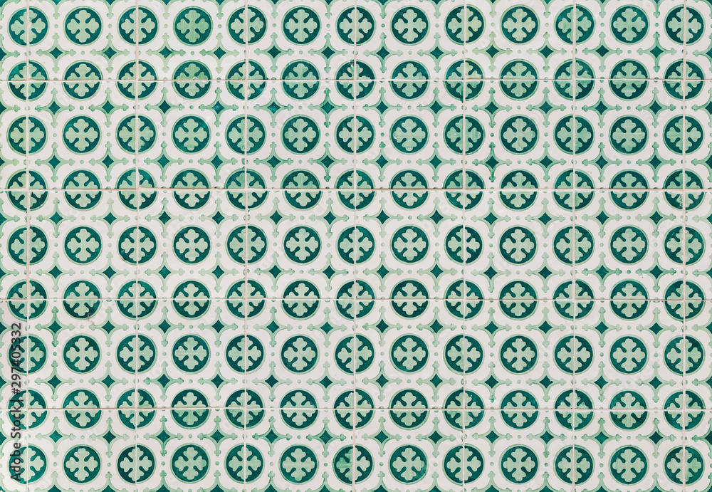 Close-up of green ceramic tiles (azulejos) in Lisbon, Portugal. High resolution full frame textured background.