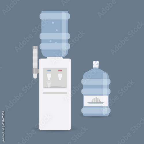 Floor water cooler with glass holder for office and home. Plastic bottle. Water dispenser with blue full bottle, as well hot and cold water taps. Isolated on blue background.Vector illustration